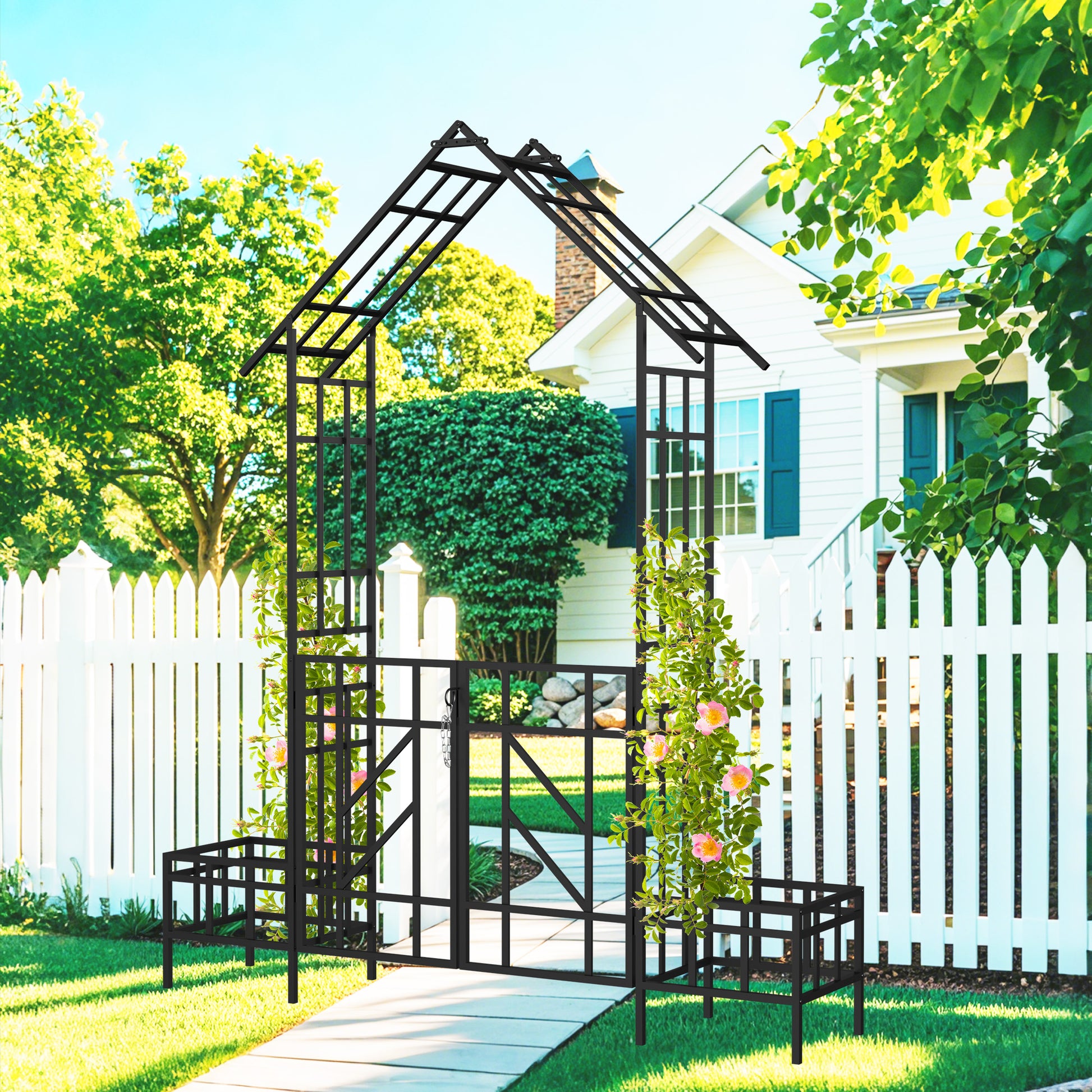 Metal Garden Arch with Gate with planter W80.71*H97.24 Climbing Plants Support Rose Arch Outdoor Black image 2