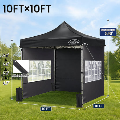 10x10 Pop Up Canopy, 3-in-1 9m Sidewall, Black Speckled Frame, Black Silver-Coated Top UPF50+ WR, 4 Heights 6.7-7.6ft, 1Sidewall+2 Windows, incl Stakes/Sandbags/Ropes/Bag for Market Camping Beach image 3