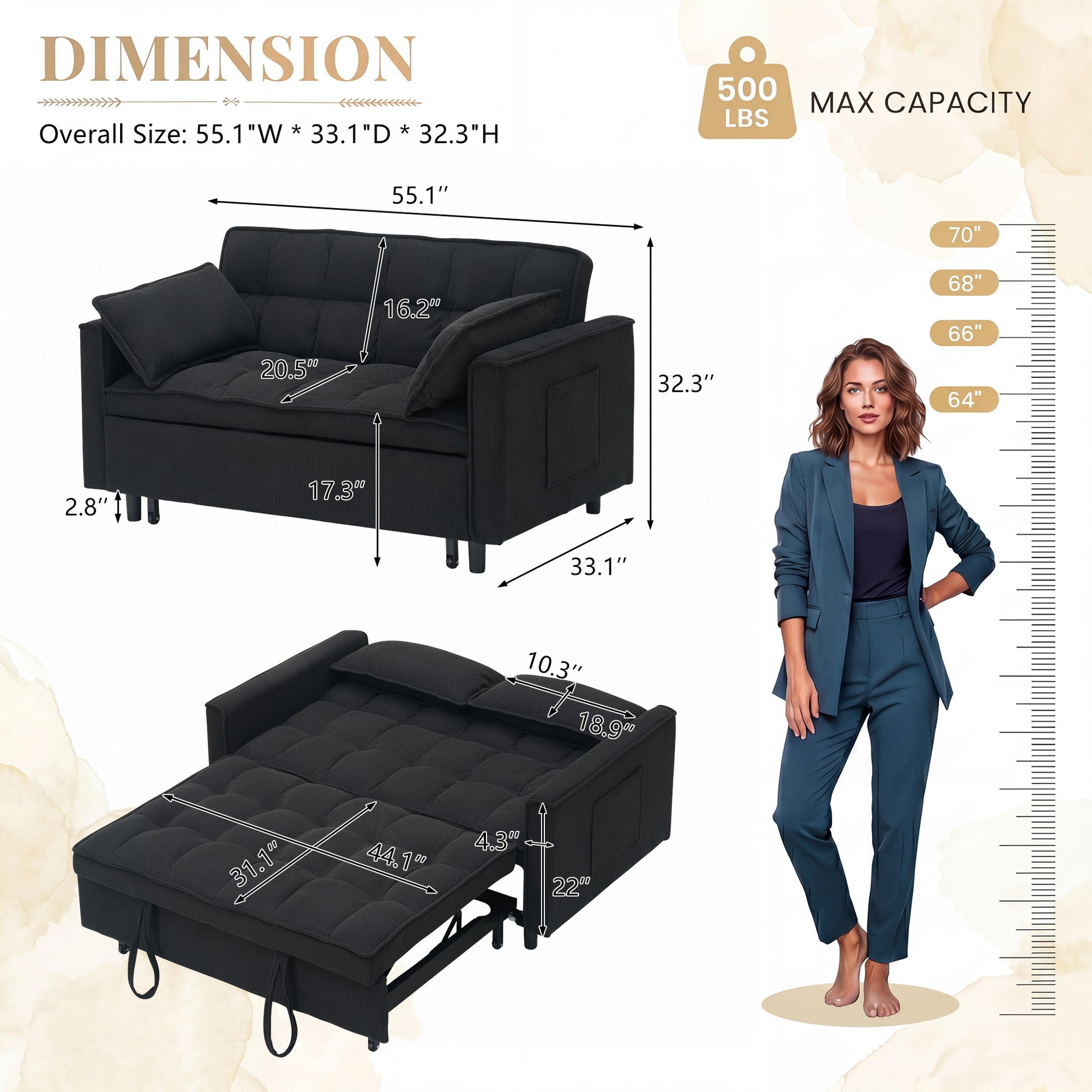 54.30" Corduroy Modular Sectional Sleeper Sofa, Loveseat with Pull Out Bed for Living Room Black Couch image 6
