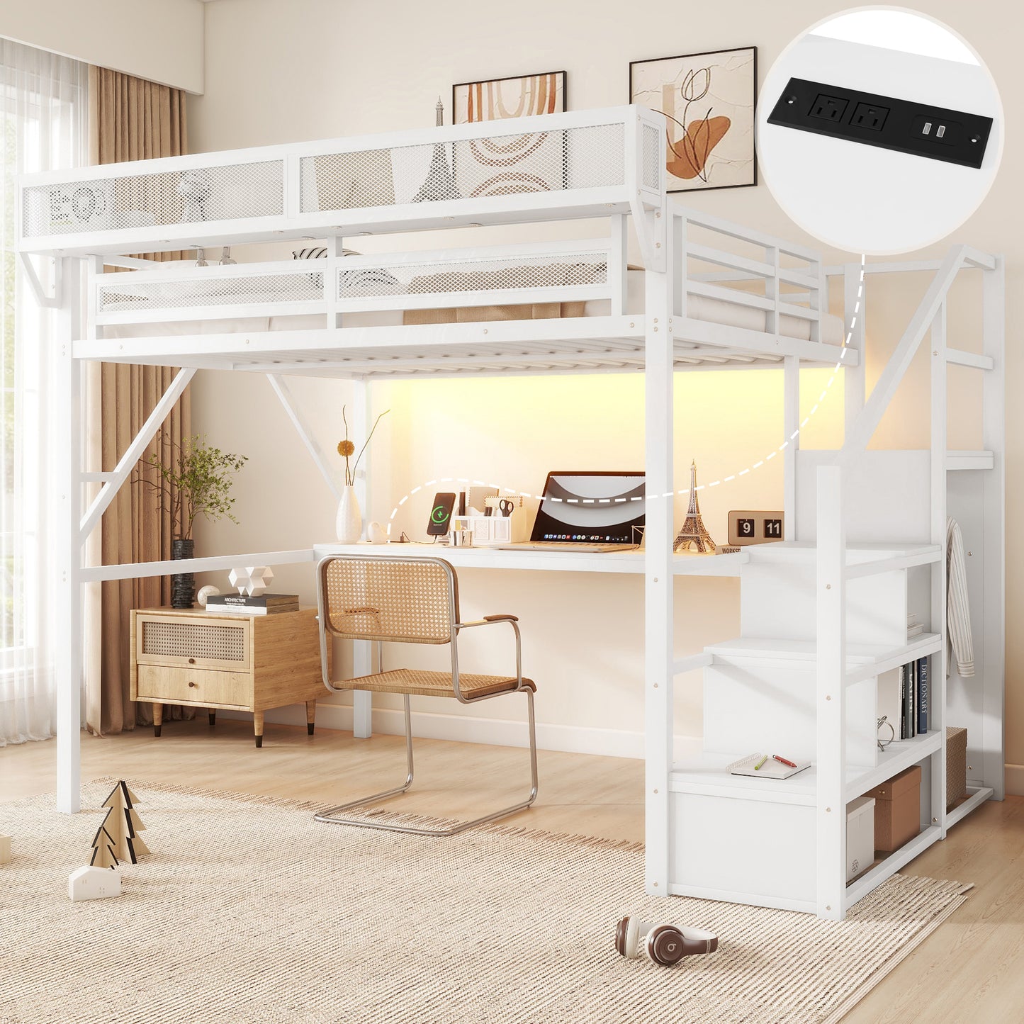 Queen Loft Bed with Desk and Charging Station, Queen Size Metal Loft Bed with Stairs and Light for Kids Teens,White(Expect Arrival Date 2026/3/7) image 2