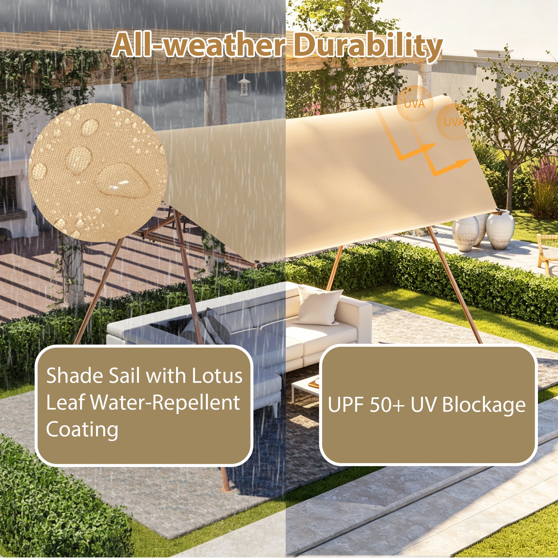 Hexagonal Shade Sail Canopy, Large 206"x118" UV Block Sun Shade with UPF 50+, Waterproof High-Density Polyester Fabric, Brown Rust-Resistant Poles & Built-in Hooks for Patio Backyard – Light Khaki image 4