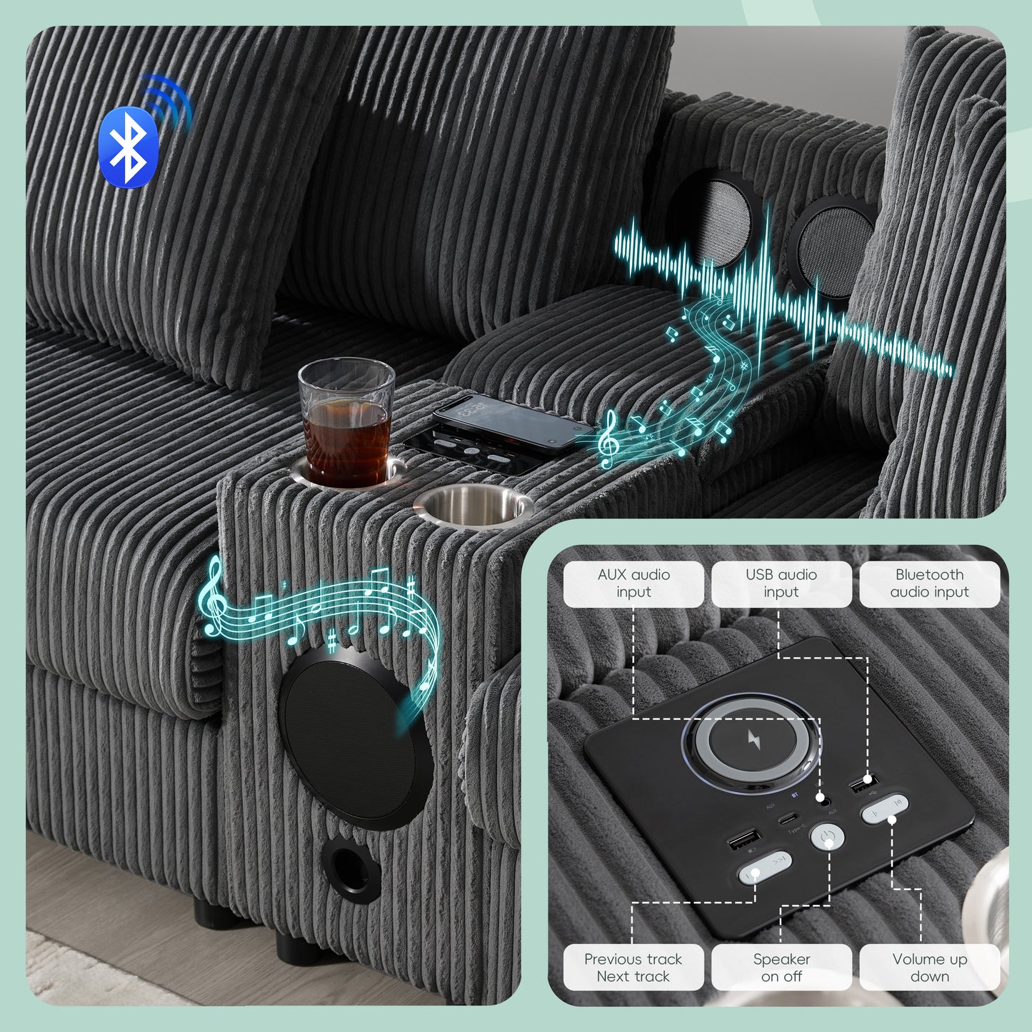[VIDEO]141.5*64'' Corduroy Sectional Sofa with Bluetooth Speakers, U-Shaped Couch with Console, USB Charger, Cup Holders, Storage, Ottoman, Deep and Wide Seat Cloud Sofa for Living Room&Apartment image 5