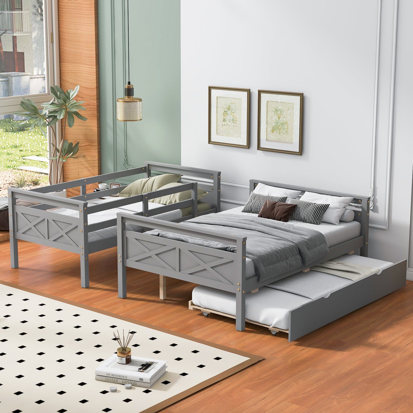 Twin over Full Bunk Bed with Ladder, Twin Size Trundle, Safety Guardrail, Gray image 2