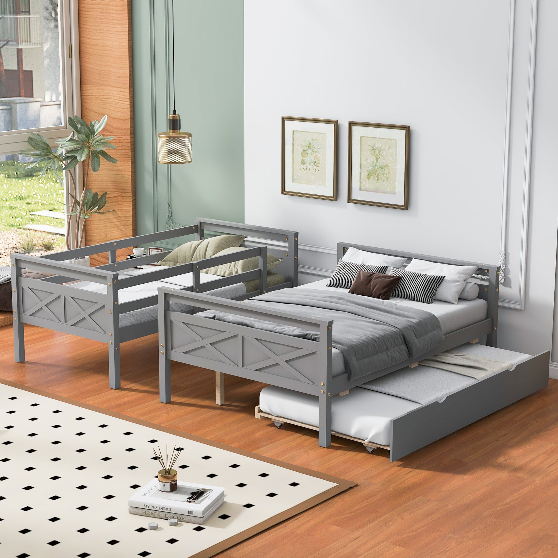 Twin over Full Bunk Bed with Ladder, Twin Size Trundle, Safety Guardrail, Gray image 2