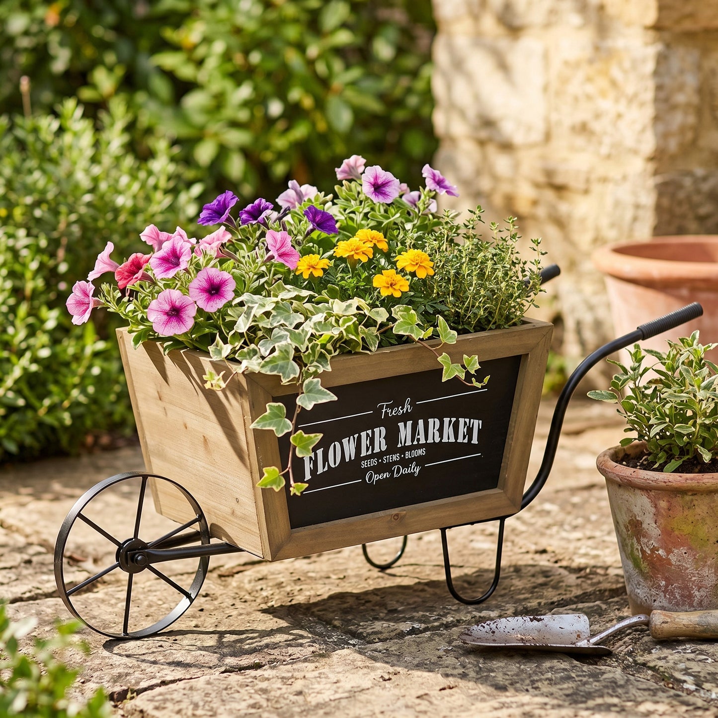 19.5x8x8.3" Brown Wooden Wheelbarrow Planter with Black Iron Frame image 7