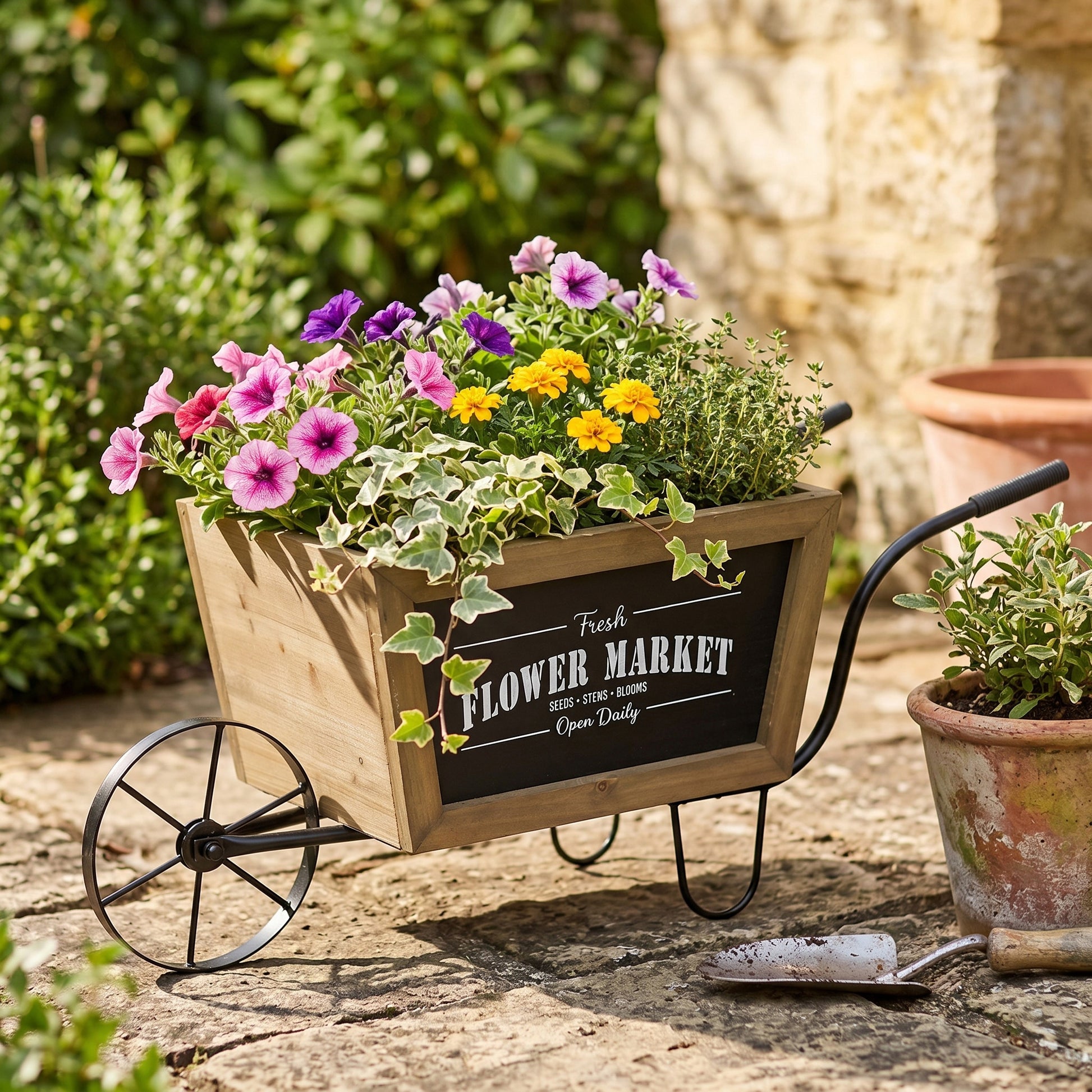 19.5x8x8.3" Brown Wooden Wheelbarrow Planter with Black Iron Frame image 7