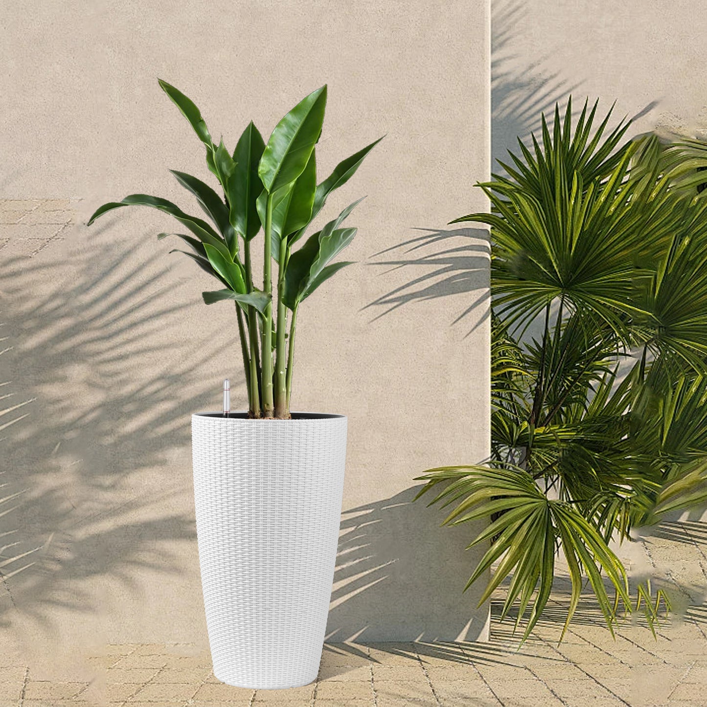 Set of 2 Faux Rattan Tall Planters Outdoor Indoor Large Planters with Water Level Monitor Inner Bucket, Automatic Watering, Flower Plant Pots for Garden, Patio, Porch, Backyard (White, 22 inch) image 2