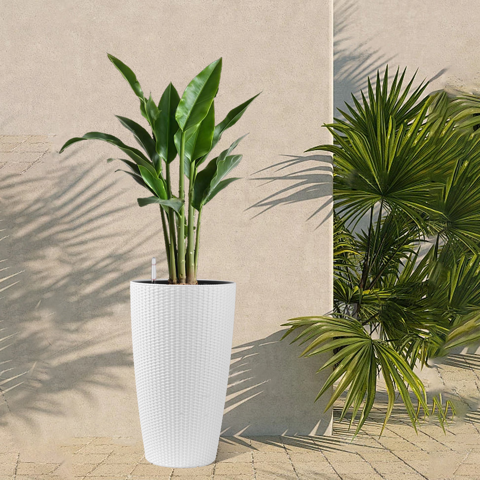 Set of 2 Faux Rattan Tall Planters Outdoor Indoor Large Planters with Water Level Monitor Inner Bucket, Automatic Watering, Flower Plant Pots for Garden, Patio, Porch, Backyard (White, 22 inch) image 2