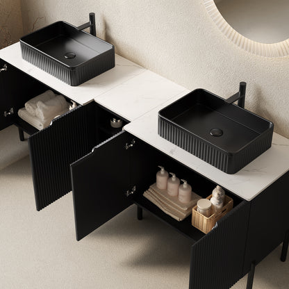 TURIO 72" Freestanding Double Bathroom Vanity with Sinks, 2x30" Striped Storage Cabinets + 12" Removable Open Shelf, 2 Black Striped Rectangle Vessel Basins with Carrara White Countertop, Black image 2