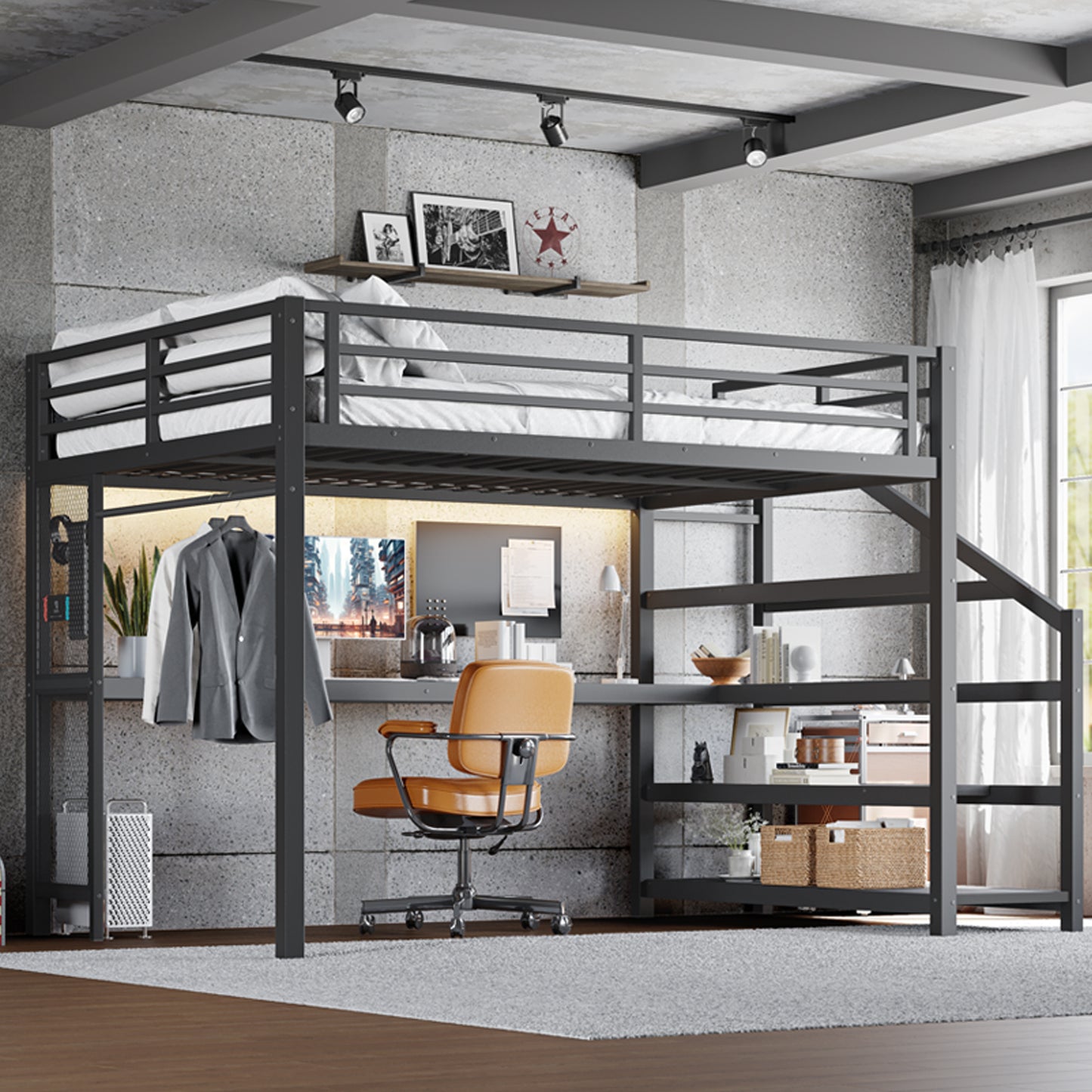 Queen Loft Bed with Desk and Storage Stairs, Metal Loft Beds with LED Lights, USB Ports, Multifunctional Iron Nets, No Spring Box Needed and Noise-free, Black image 2