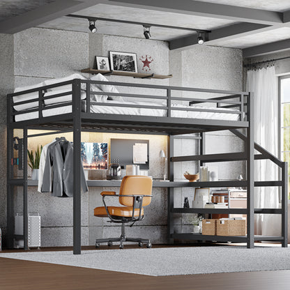Queen Loft Bed with Desk and Storage Stairs, Metal Loft Beds with LED Lights, USB Ports, Multifunctional Iron Nets, No Spring Box Needed and Noise-free, Black image 2