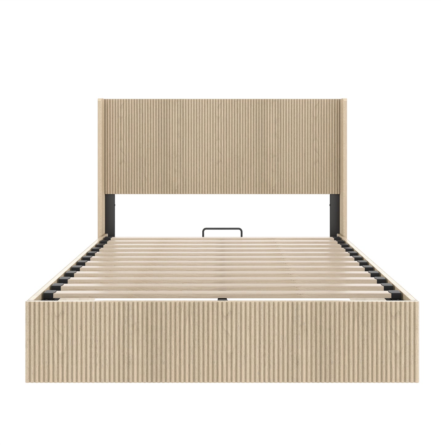 A large raised and undulating storage bed frame with grooves. The wooden platform bed frame has a storage function that can be lifted, without requiring a spring box / no noise. Oak color (Queen) image 5