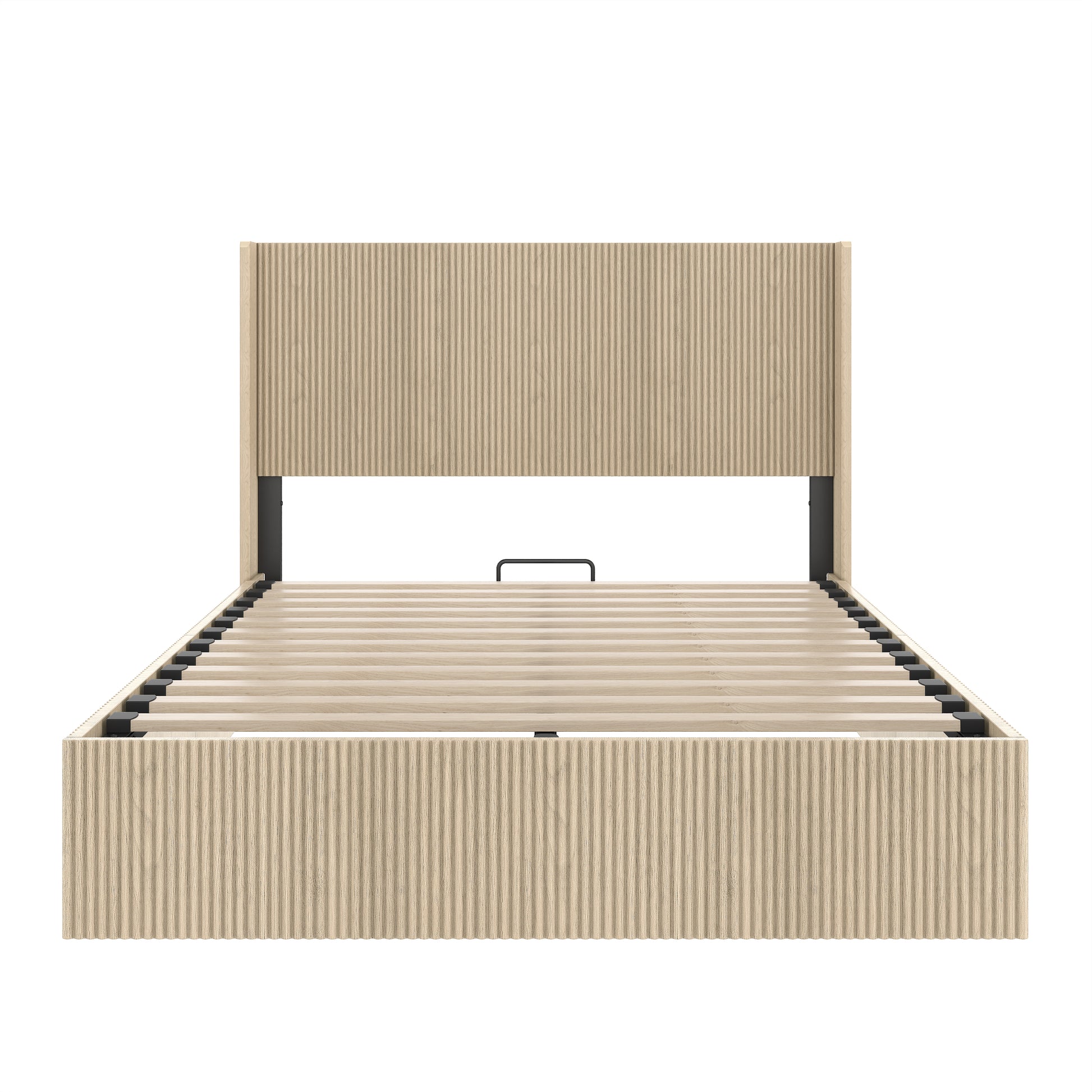 A large raised and undulating storage bed frame with grooves. The wooden platform bed frame has a storage function that can be lifted, without requiring a spring box / no noise. Oak color (Queen) image 5