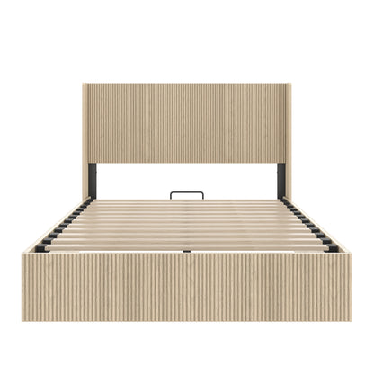 A large raised and undulating storage bed frame with grooves. The wooden platform bed frame has a storage function that can be lifted, without requiring a spring box / no noise. Oak color (Queen) image 5