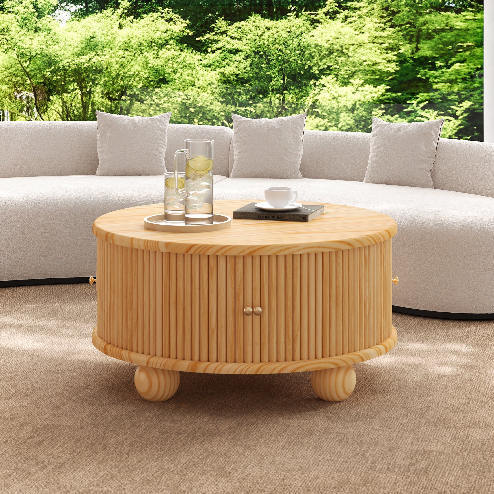 Round Fluted Coffee Table with Storage, Pine Solid Wood, Sliding Door, Natural, 31.8" image 3