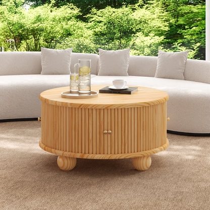 Round Fluted Coffee Table with Storage, Pine Solid Wood, Sliding Door, Natural, 31.8" image 3