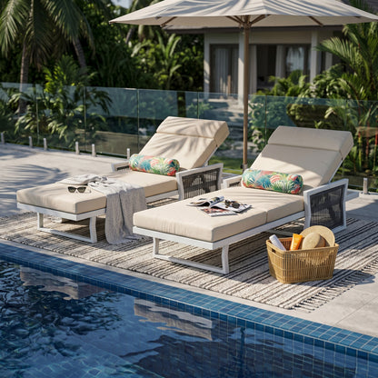 White Iron Outdoor Chaise Lounge with Black Rope Armrests, 4" Thick 4-Fold Beige Water Resistant Cushion with Built-In Headrest, 5-Position Adjustable, 400 LBS Capacity for Patio Pool Backyard image 6