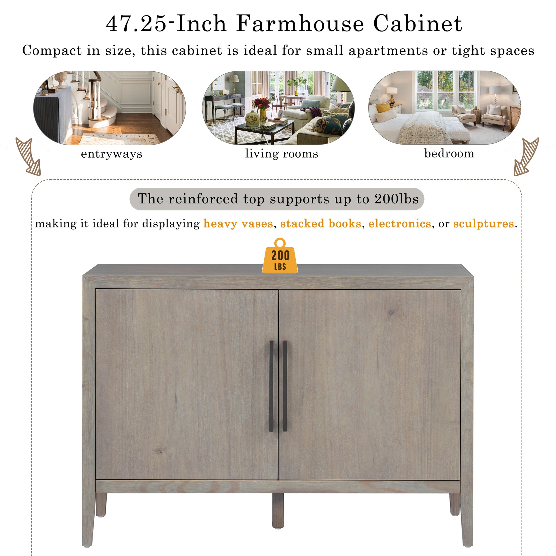 U_STYLE 47.25-Inch Farmhouse Sideboard with Pine Veneer and 2 Doors, Retro Buffet with Adjustable Feet, Minimalist Wooden Storage Cabinet with Metal Handles for Living Room, Kitchen image 7
