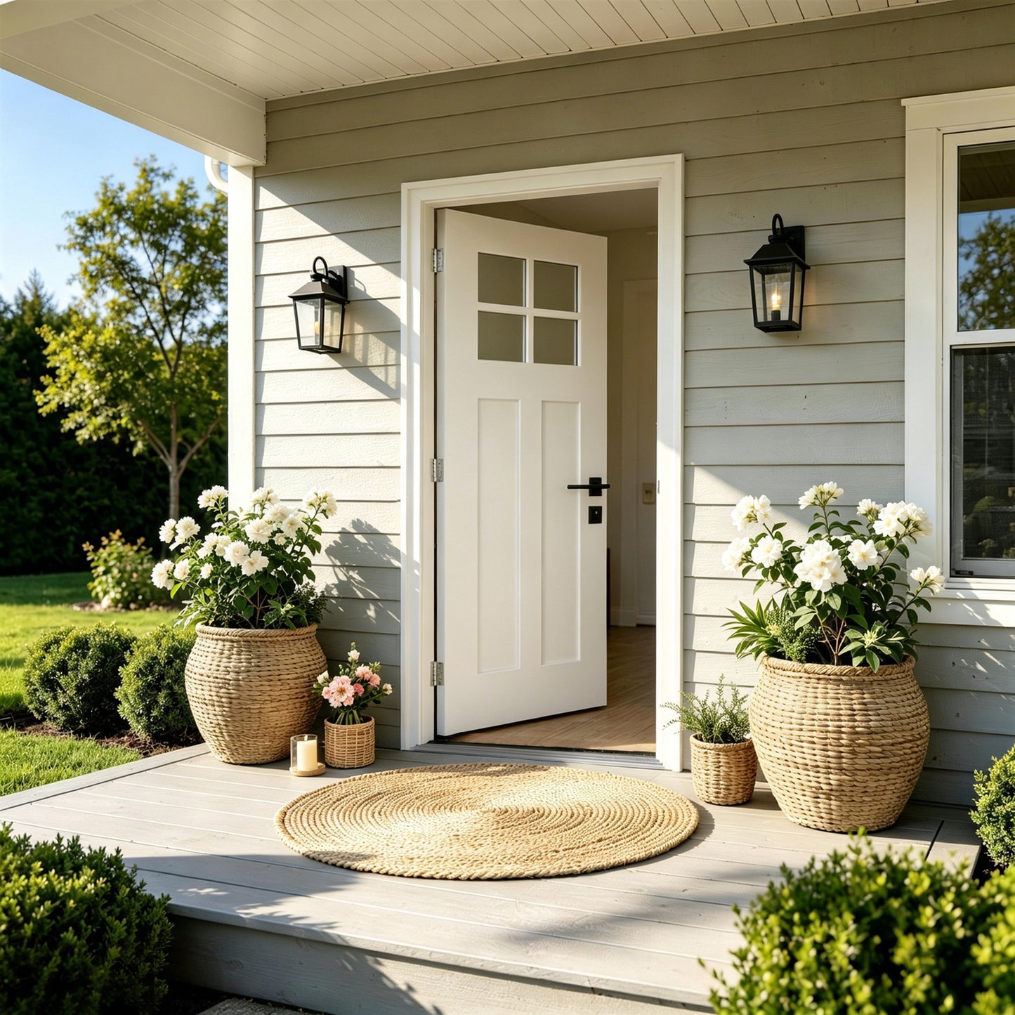 36"x80" Fiberglass Front Door with White 4-9/16" PVC Frame,Left-Hand Inswing Exterior Door with Brickmould,Contemporary minimalist smooth skin with clear glass for Home Entrance, White image 2