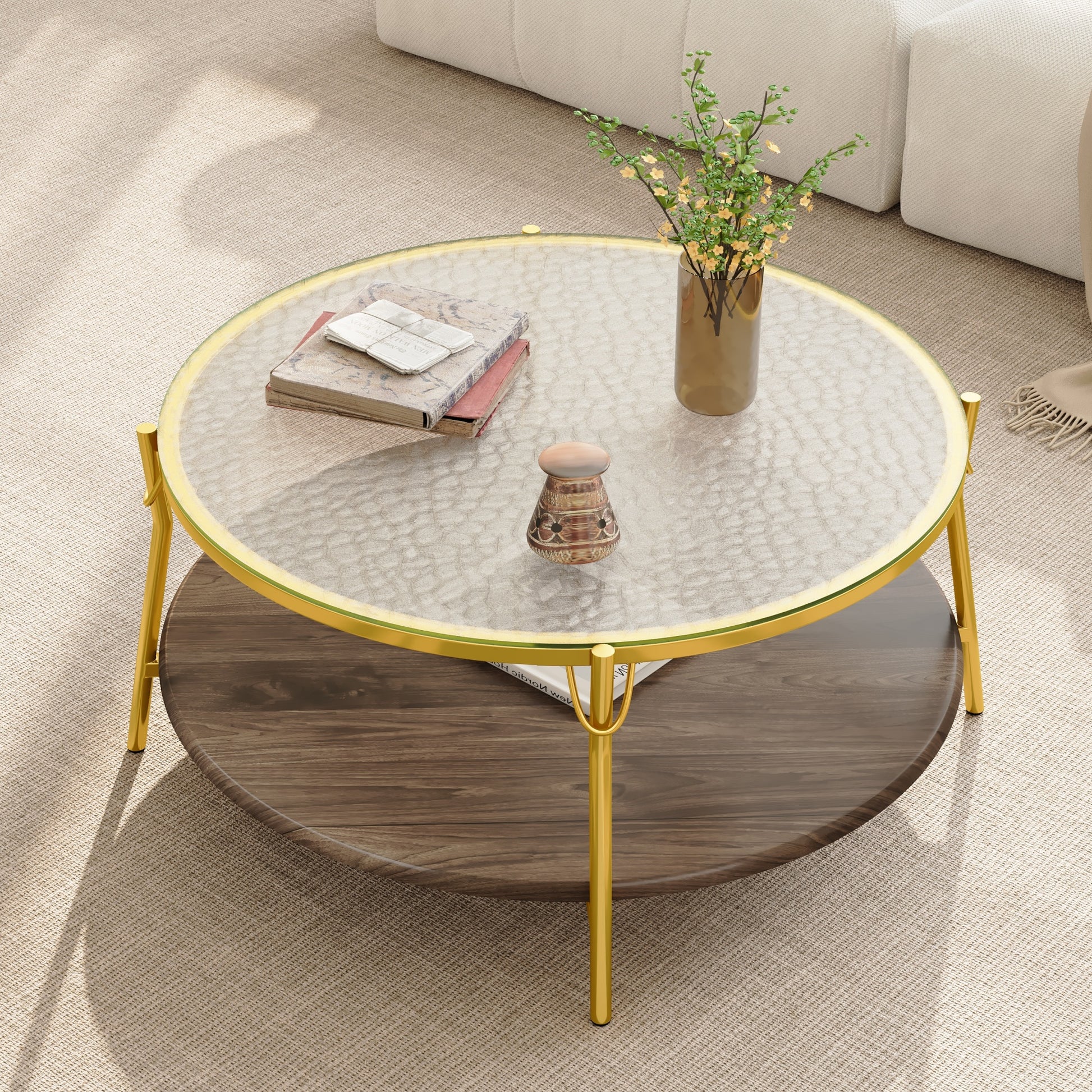 Modern Round Walnut 2-Tiered Coffee Table with Glass Top and Gold Base for Living Room, 29.9" image 5