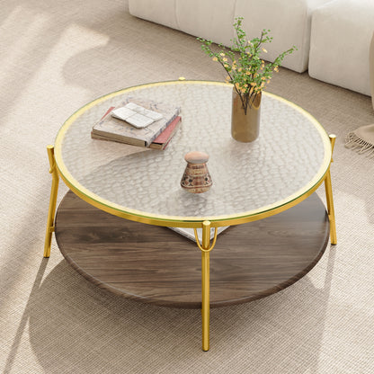 Modern Round Walnut 2-Tiered Coffee Table with Glass Top and Gold Base for Living Room, 29.9" image 5