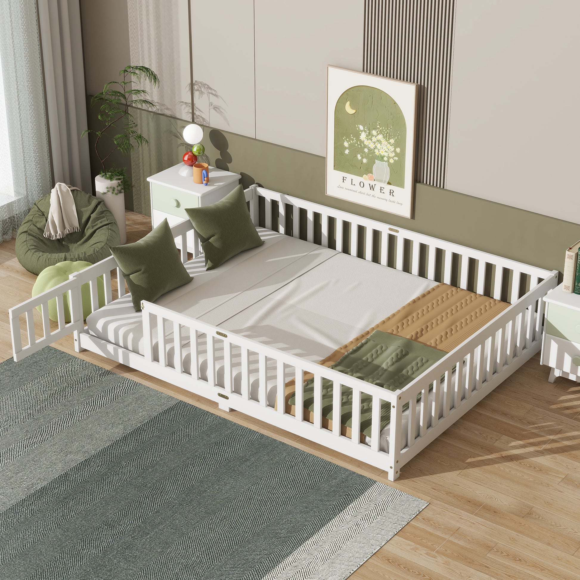 Queen Size Floor Bed with Fence,Door,Rubber Wood Floor Bed with Safety Guardrails,White image 1