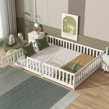 Queen Size Floor Bed with Fence,Door,Rubber Wood Floor Bed with Safety Guardrails,White image 1