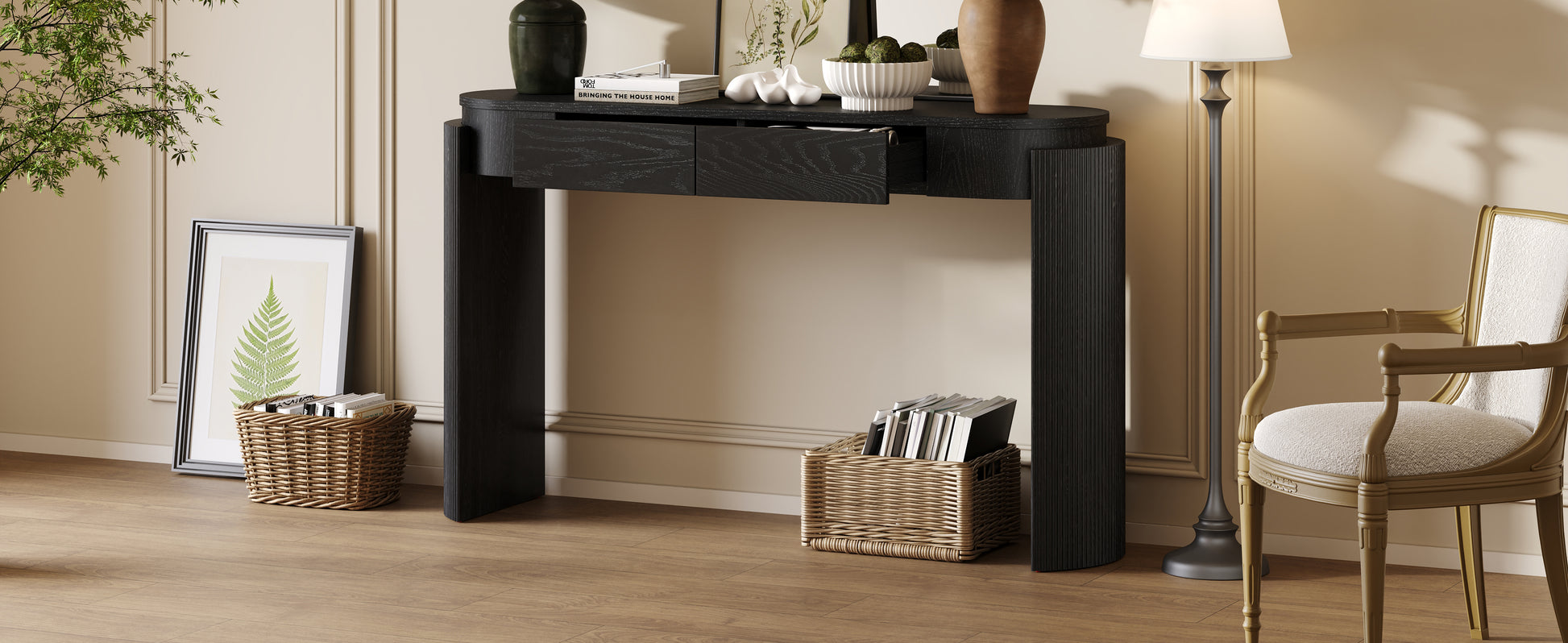 TREXM Entryway Table with Natural Wood Grain Finish, Console Table with Fluted Design, Oval Top and 2 Drawers for Entryway and Living Room (Black) image 10