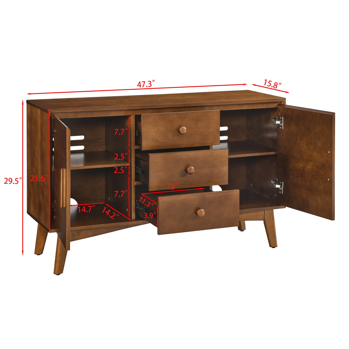 47.3" Mid Century Modern Sideboard Buffet Cabinet with Storage, Storage Cabinet with 2 Doors and 3 Drawers for Kitchen Dining Living Room, Accent Console Table, Walnut image 11