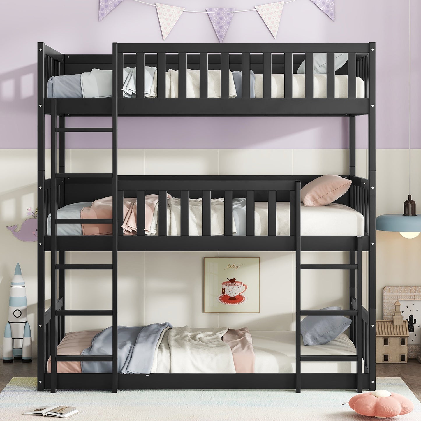 Twin Size Triple Rubber Wood Bunk Bed, with Ladders, Guardrails Detachable Bunk Bed, Twin over Twin over Twin,Black image 1