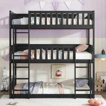 Twin Size Triple Rubber Wood Bunk Bed, with Ladders, Guardrails Detachable Bunk Bed, Twin over Twin over Twin,Black image 1