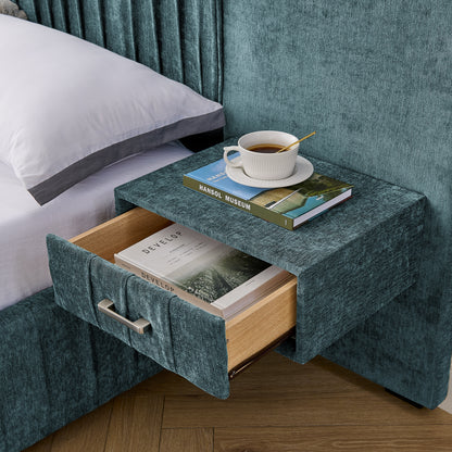 King Size Upholstered Bed Frame with Chenille fabric with pleated design,Grounded King Size Platform Bed with Headboard and Solid Frame and the bedside table.No Box Spring Needed-Blue-Green image 7