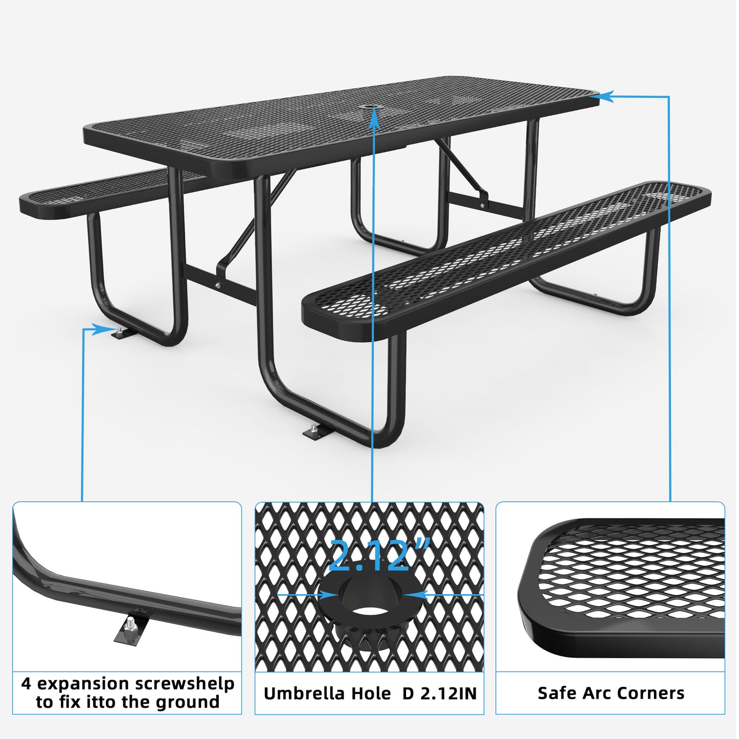 Black 6ft Long Table & Chair Set with Umbrella Hole image 4