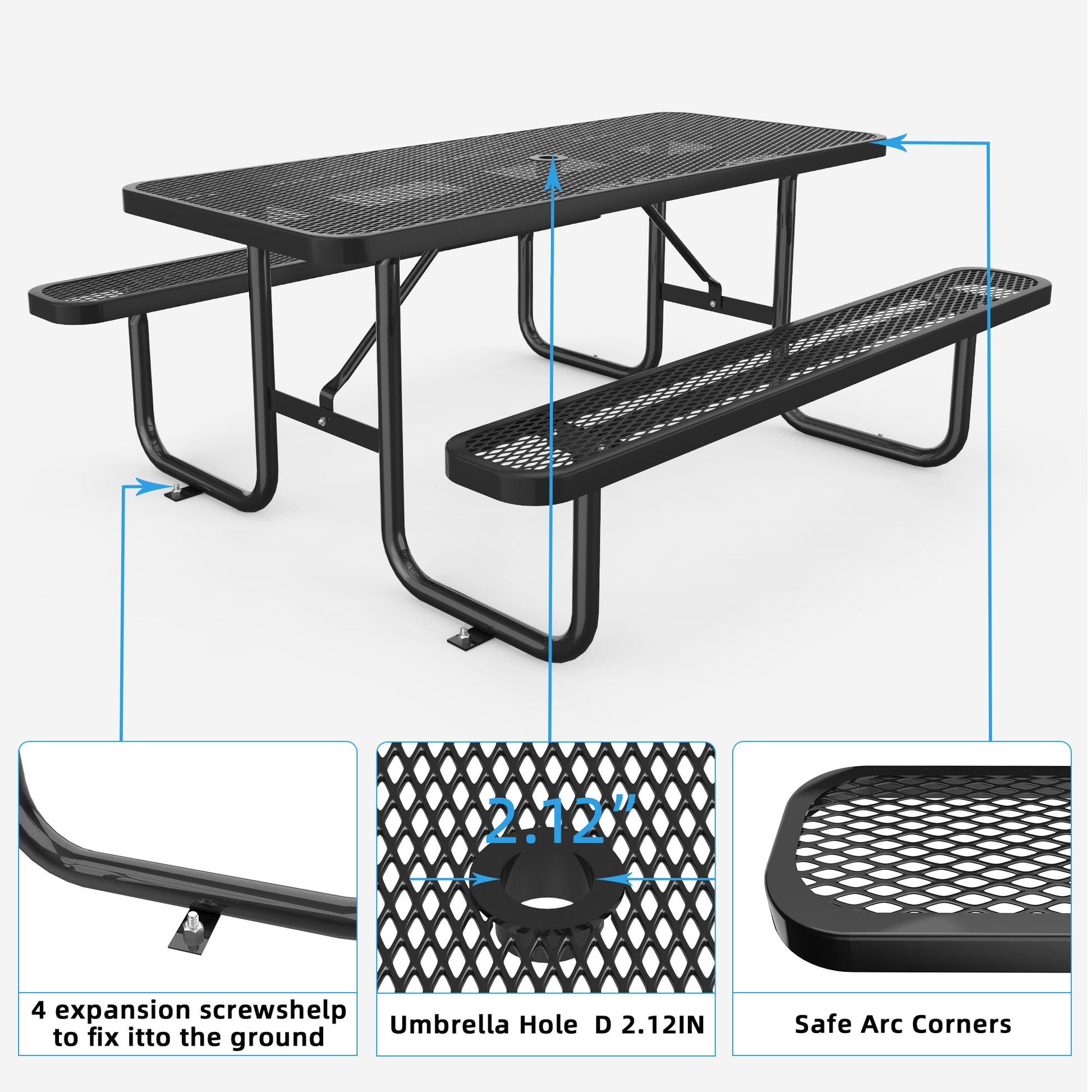 Black 6ft Long Table & Chair Set with Umbrella Hole image 4