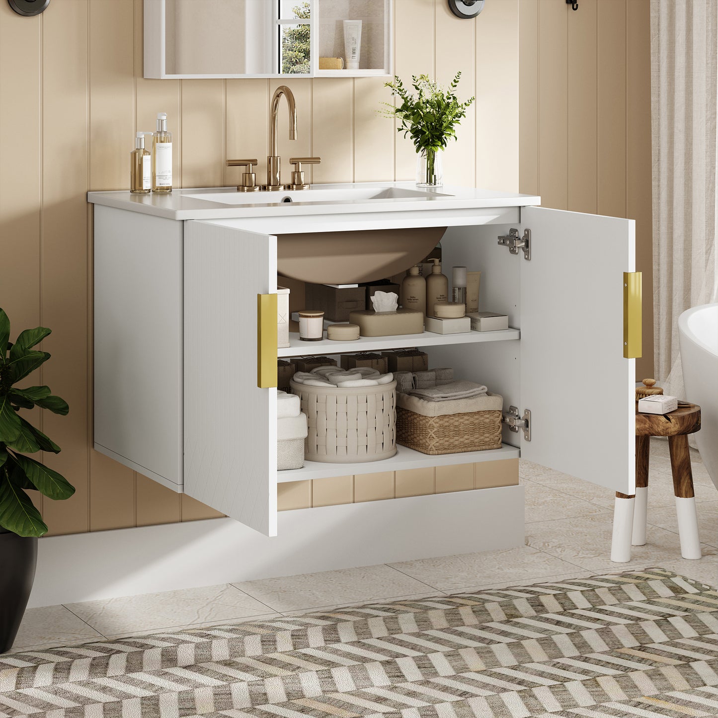 30" Vintage Bathroom Vanity with Ceramic Sink, with 3 Holes Single Ceramic Sink, Bathroom Storage Vanity Cabinet with 2 Soft Closing Doors image 2
