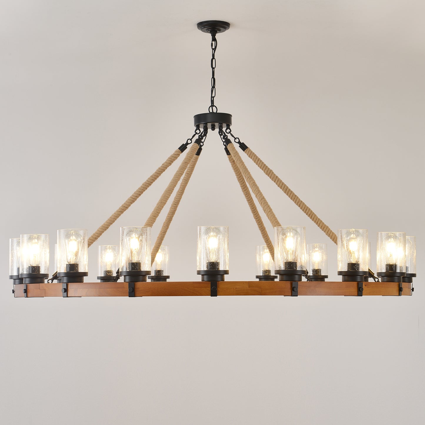 18-Light Rustic Wagon Wheel Chandelier,59"Wooden Pendant Light with Seeded Glass Shade,Industrial Chandeliers for Dining Room Kitchen lsland Foyer (Solid One-Piece Wood Frame Design)-NO INCLUDED BULBS image 3