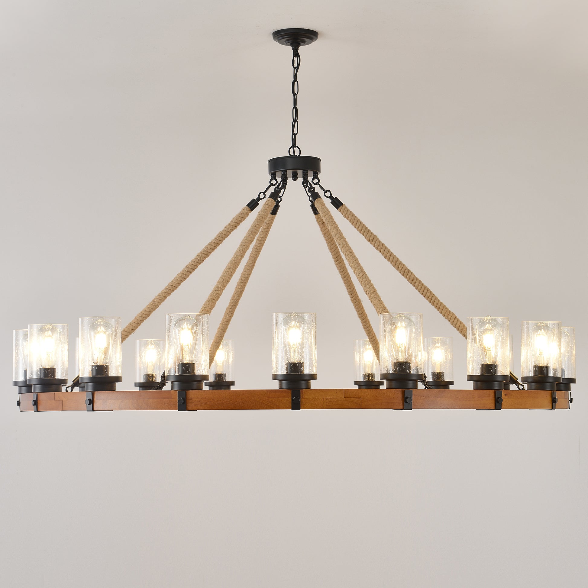 18-Light Rustic Wagon Wheel Chandelier,59"Wooden Pendant Light with Seeded Glass Shade,Industrial Chandeliers for Dining Room Kitchen lsland Foyer (Solid One-Piece Wood Frame Design)-NO INCLUDED BULBS image 3