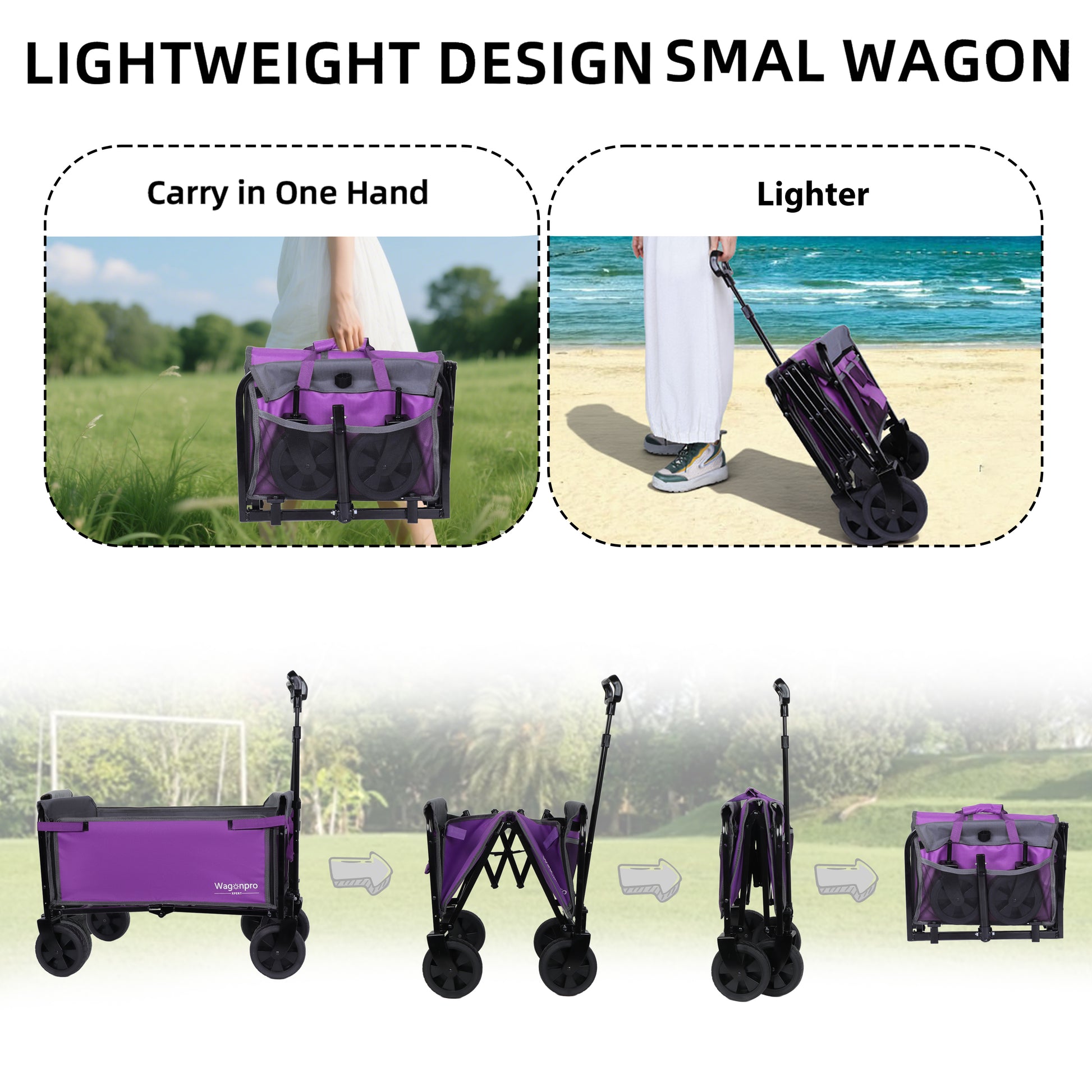 All-in-One Convertible Folding 4-Wheel Trolley with Bench Seat and Dog Leash - Heavy Duty Foldable Utility Trolley for Camping, Beach, Shopping - Versatile Seating and Storage Space, purple/gray image 4