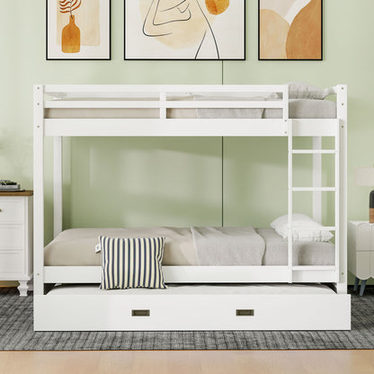 Wood Queen Size Bunk Bed with Ladder and Trundle, White image 3