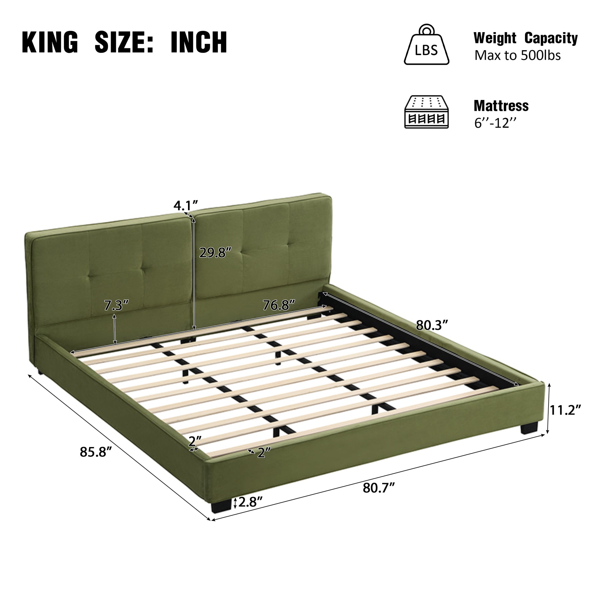 King Size Velvet Bed Frames, Upholstered Platform Bed with Curved Tufted Headboard, Soft Square Corners, Olive Green image 6