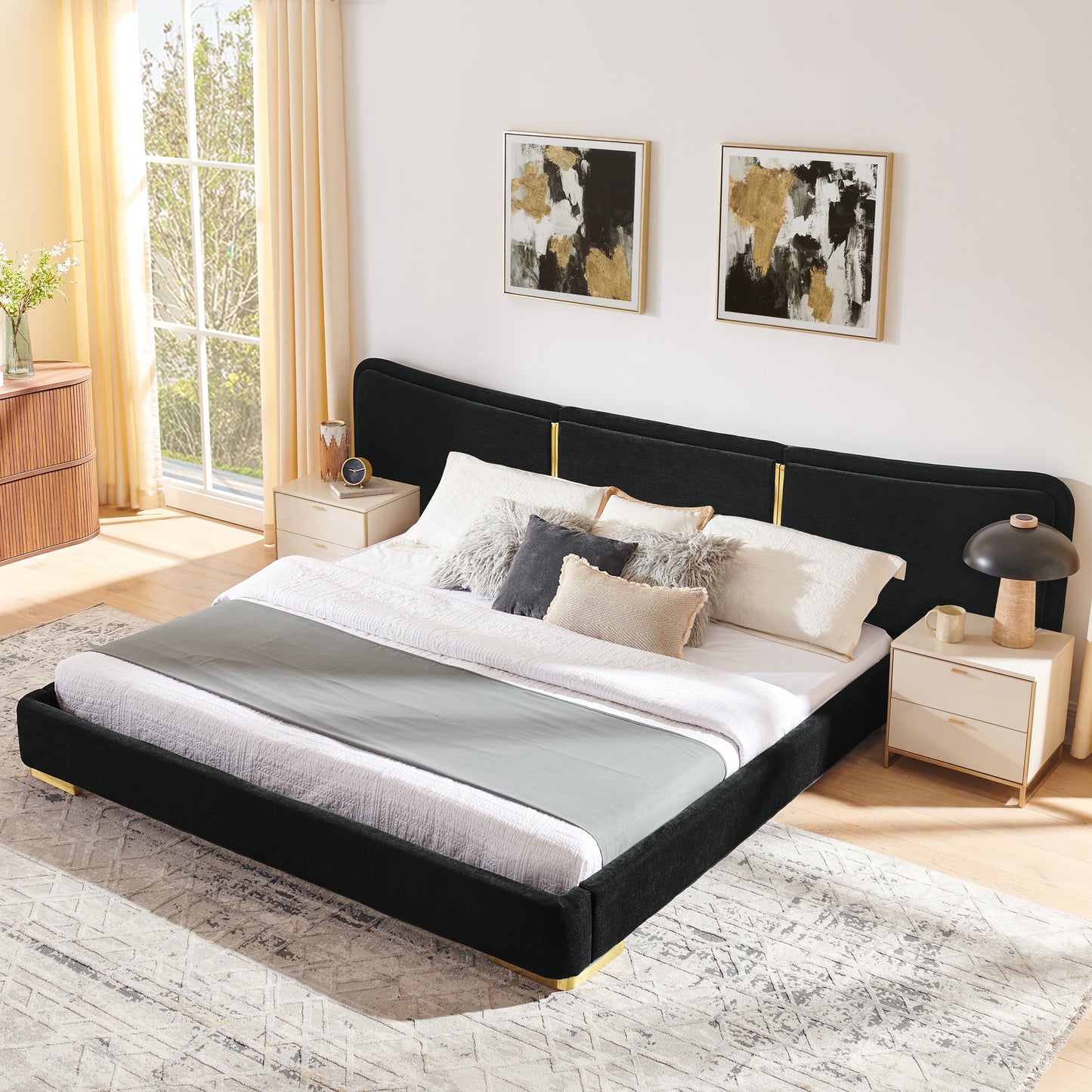 King Size Extra Large Platform Bed, Soft Chenille Fabric Frame, Curved Headboard, Reinforced Electroplated Metal Legs, Flexible DIY Side Space Design-Black image 4