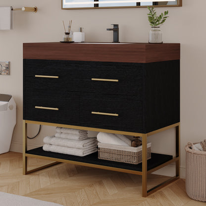 36" Artificial Stone Bathroom Vanity with Ceramic Sink, Modern Bathroom Sink Cabinet with Soft Close Drawers and Open Shelves, Free-standing Bathroom Vanity with Stainless Steel Legs and Large Space S image 6