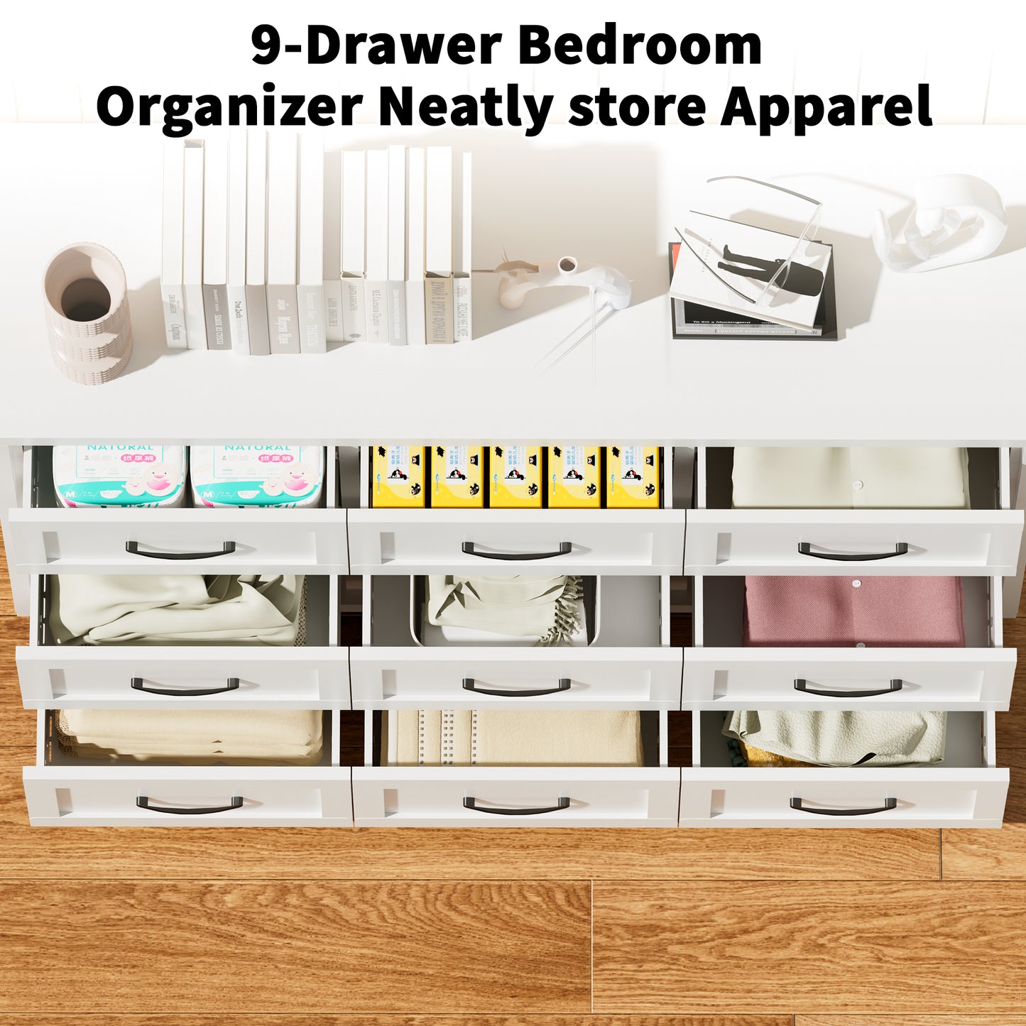 9 Drawer Dresser for Bedroom, Metal Profile Chest of Drawers, White Bedroom Dresser with Storage Drawers for Closet, Hallway, Entryway, Steel Furniture with Quiet-Glide Rails, Easy-Clean & Scratch image 3