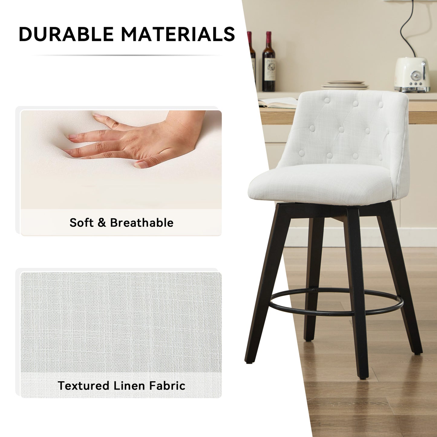 007-360° Swivel Bar Stools Set of 2-Modern 25" Counter Height Stools with Stain-Resistant Line&Button Tufted Back, Solid Wood Frame Barstools for Kitchen Island, Cafe or Home Bar, Easy Assembly White image 4