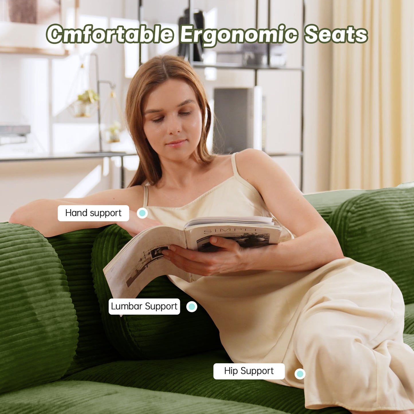 82'' L-shaped sofa in softCorduroy Fabric fabric modular design multiple combinations curved armrests assembly required high-resilience sponge suitable for living rooms rest areas bedroom,Olive green image 6