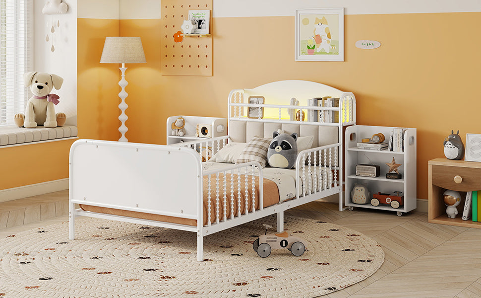 Twin Size Metal Platform Bed Frame with Light, Kids Twin Metal Bed with Upholstered and Pull Out Storage Shelves, White (Expect Arrival Date 2025/10/5) image 7