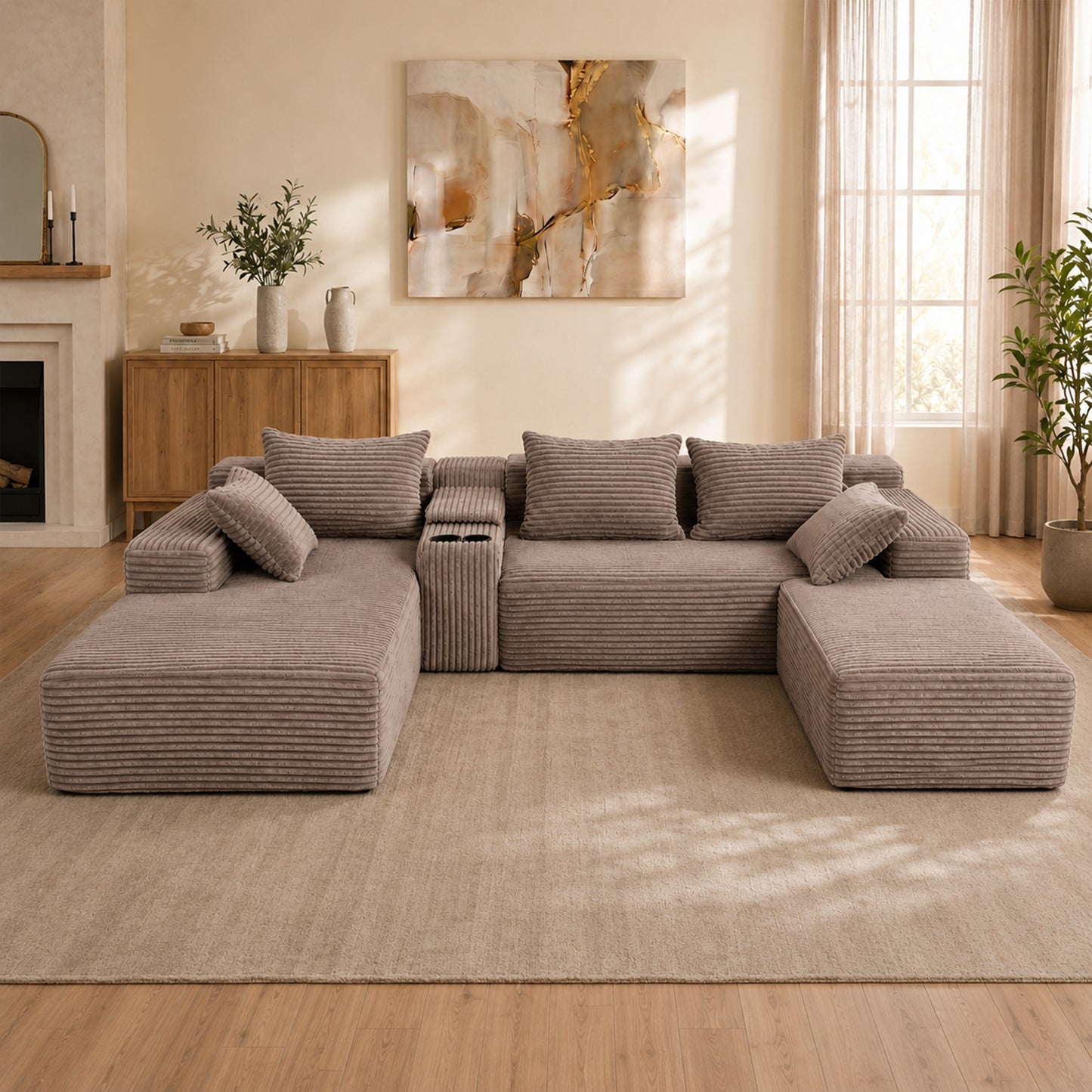 144 inch corduroy U-shaped modular segmented sofa, large seat depth convertible form, with cup holder and storage space, modern Nordic comfortable sofa bed, suitable for large living rooms, apartments image 7