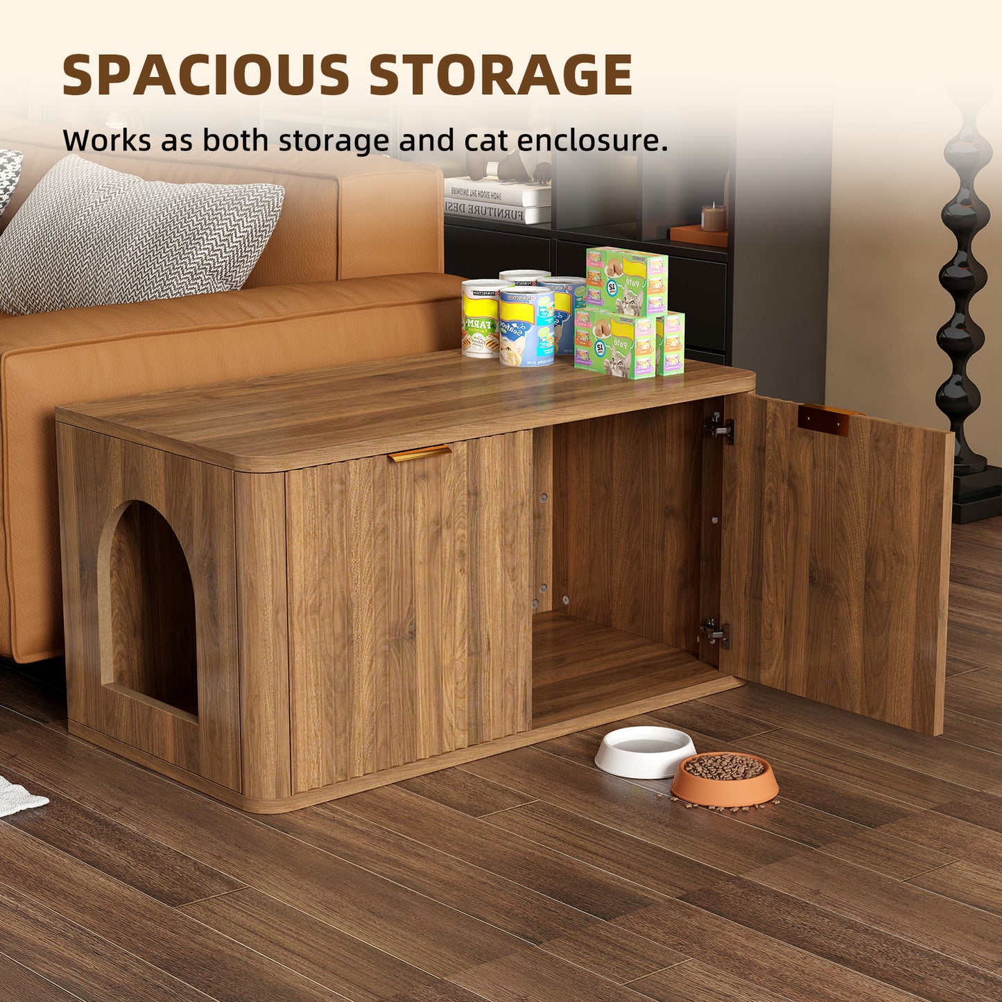 31.5" Walnut Cat Litter Box Enclosure Furniture, Large Decorative Hidden Litter Box Cabinet, Fluted Mid Century Modern Kitty End Table for Living Rooms, Bedrooms, Entryways (WALNUT) image 7