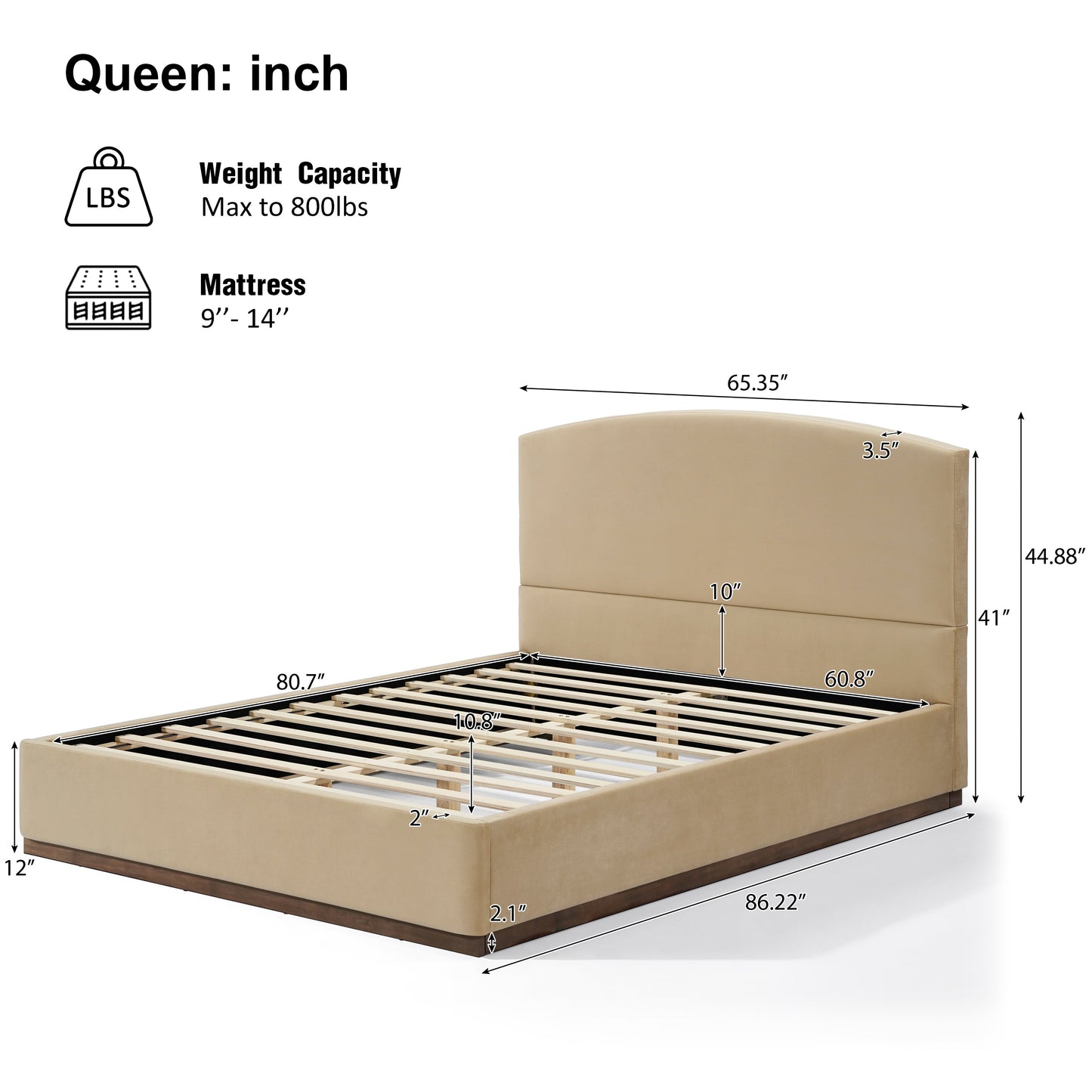 Queen Size Upholstered Bed Frame With Velvet Fabric Thick Headboard, Solid Wood Base, Camel image 3