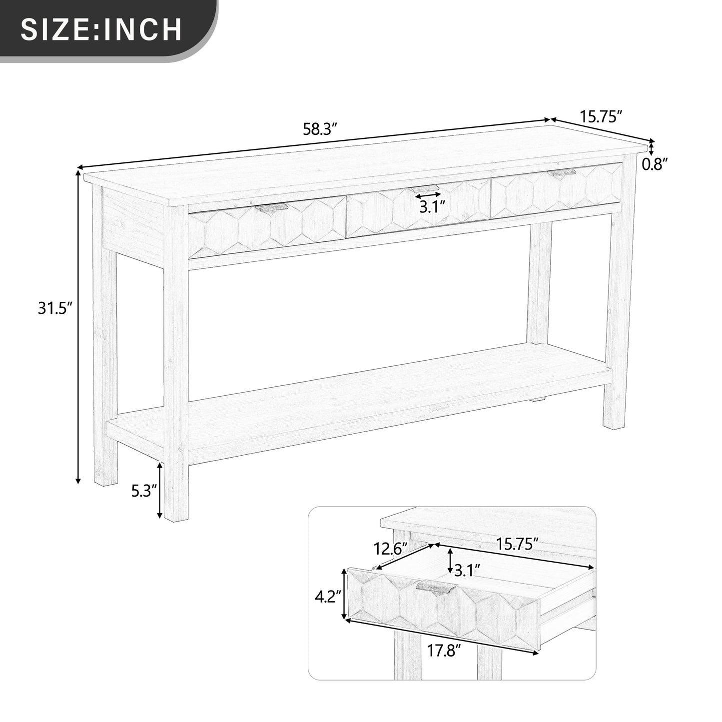 U_Style 58.3'' Fir Veneer Entryway Table with Honeycomb-patterned Fronts,Modern Stylish Console Table with 3 Drawers and Solid Fir legs,Suitable for Living Room,Entryway, Hallway, Study, Foyer image 9